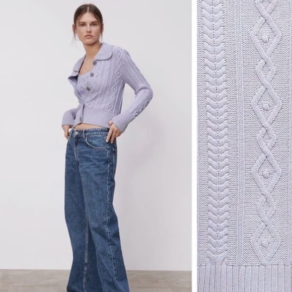 Zara Lilac Knit Cropped Cable-Knit Cardigan With Buttons Size Small